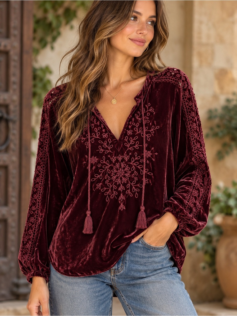 Jade by Johnny Was Dylan Embroidered silk blend velvet blouse Wine Burgundy boho